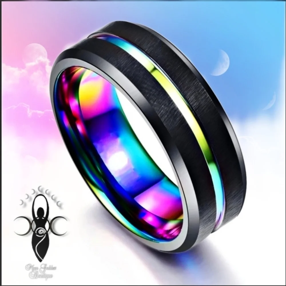 Unisex Ring ✦ Stainless Steel Rainbow Rhodium Channel ✦ Black Brushed 8mm NWT